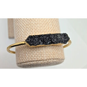 Kinsley Armelle Black Druzy Quartz Bangle Cuff Bracelet Gold Tone
